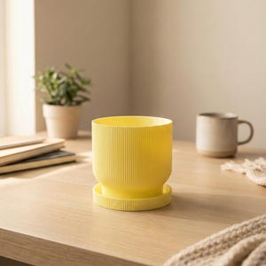 Ribbed Plant Pot with Saucer, Pastel Yellow Eco-Friendly Planter for Succulents