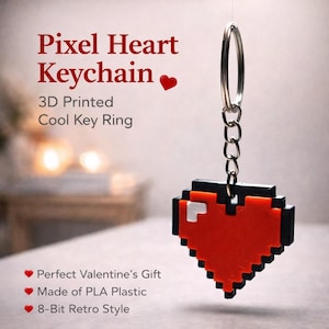 Pixel Heart Keychain 3D Printed 8-Bit Retro Charm Gamer Gift Valentine Red Keyring