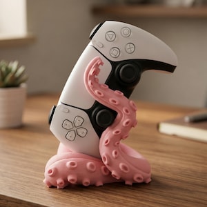 Puede incluir: Un mando de videojuegos blanco y negro está sujeto por un soporte rosa con forma de pulpo. El mando tiene botones y controles direccionales. El soporte tiene un diseño detallado de tentáculos.