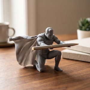 May include: A gray, monochromatic figurine of a superhero in a kneeling pose, wearing a cape and holding a metallic pen horizontally with both hands. The figure features a detailed muscular build and a chest emblem, serving as a functional desk accessory.