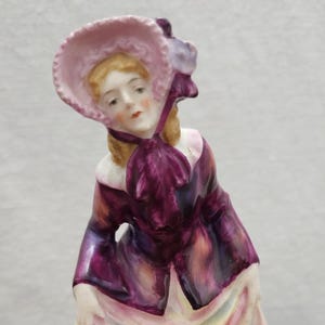 Vintage Sitzendorf German Porcelain Figurine Crinoline Lady 1920s, Hand-Painted Purple & Pink Dress Victorian Woman Figurine, Germany Crown