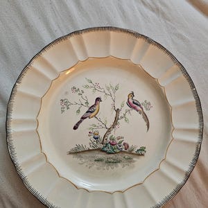 May include: A round ceramic plate with a scalloped edge and a dark brown rim. The center features a hand-painted illustration of two birds perched on a tree branch, surrounded by small colorful flowers and green foliage on a cream-colored base.