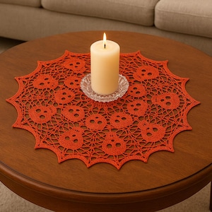 Handmade 28-Inch Crochet Skull Doily – Gothic Halloween Table Topper, Spooky Décor, Unique Centerpiece