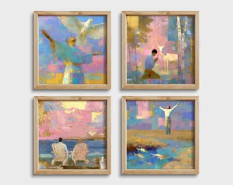 Sacred Awakening Wall Art Set of 4, Spiritual Printable Art, Masculine Soulful Decor, Dove Deer Lake Sunset Prints, Healing Wall Gallery Set