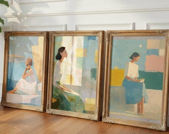 Sage Green Wall Art Set of 3 or 4, Calming Meditation Art Prints, Oversized Neutral Wall Decor, Basking in Light, Peaceful Spiritual Artwork