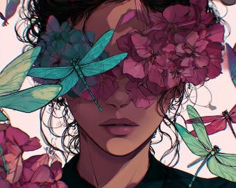 Becoming Light Hydrangea Dragonfly Woman Wall Art – Healing, Renewal & Gentle Transformation, Spiritual Feminine Printable Art