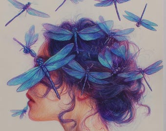 Becoming LIght Blue Dragonfly Woman Wall Art – Light Transformation, Spiritual Feminine Art, Soft Neutral Portrait, Healing Energy Printable