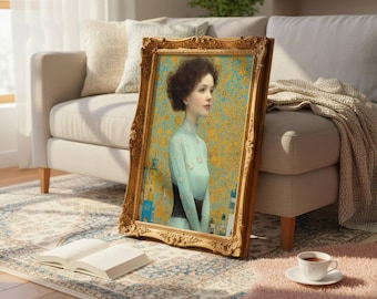 Golden Stillness – Art Nouveau Woman Wall Art, Spiritual Feminine Canvas, Klimt Inspired, Elegant Calm Home Decor
