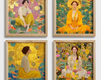 Klimt Inspired Wall Art Set of 4, Lotus Meditation Prints, Gold Feminine Decor, Maximalist Gallery Set, Colorful Spiritual Printable Art