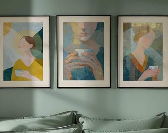 Sacred Pause Tea Ritual Wall Art Set of 3, Feminine Spiritual Prints, Calm Home Decor, Kitchen Dining Room, Soft Calm Aesthetic, Sage Green