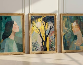 Meditative Forest Bathing Wall Art Set of 3, Spiritual Nature Prints, Calming Sage Green Gold Artwork, Serene Woman Art, Printable Download