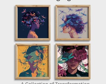 Becoming Light Wall Art Set of 4, Spiritual Transformation Prints, Dragonfly Art, Feminine Awakening Decor, Printable Art Bundle