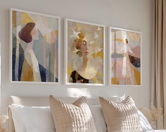 Sacred Light Wall Art Set of 3, Neutral Spiritual Prints, Large Bedroom Wall Decor, Calm Feminine Art Trio, Soft Gold Beige Printable Trio