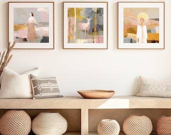 Sacred Light Wall Art Trio, 3 Neutral Spiritual Prints, Large Beige Gold Gallery Wall, Soft Modern Living Room Decor, Peaceful Minimalist