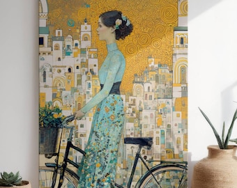 Sacred Journey – Klimt Inspired Woman with Bicycle, Spiritual Feminine Wall Art Canvas, Golden Art Nouveau Decor