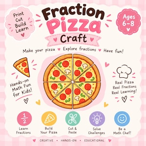 Puede incluir: Una hoja de actividades educativas Fraction Pizza Craft con una ilustración central de una pizza de pepperoni y champiñones dividida en porciones. El texto incluye Print Cut Build Learn, Ages 6-8, Hands-on Math Fun for Kids y Real Pizza Real Fractions Real Learning.