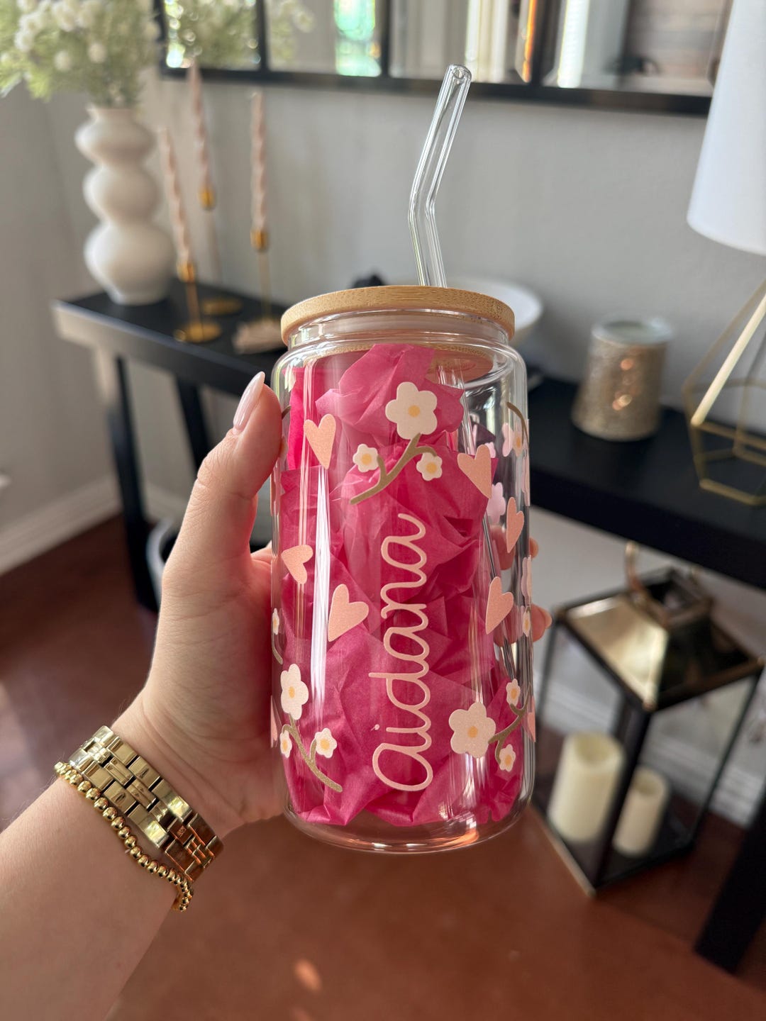 Personalized Pink Floral Iced Coffee Cup: 16oz Glass With Lid & Straw ...