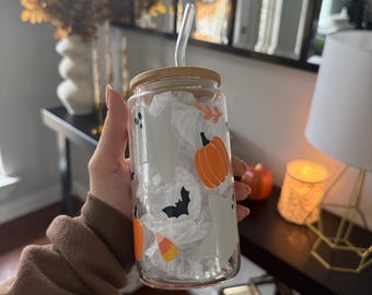 Halloween Iced Coffee Cup with Bamboo Lid & Straw, Ghost, Pumpkin, Bat and Candy Corn Glass Cup, Fall Aesthetic Drinkware 16oz