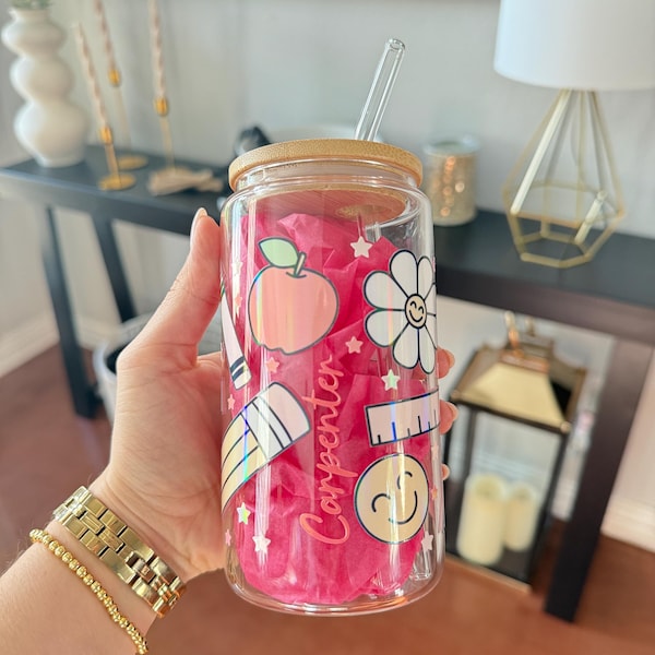Personalized Teacher Iced Coffee Cup, Custom Beer Can Cup with Lid & Straw, 16oz Glass Cup with Name