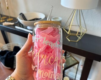 Teacher Iced Coffee Cup, 16oz Glass Cup with Lid & Straw, Educator Leader Influencer Supporter Encourager Motivator Believer Iced Coffee Cup