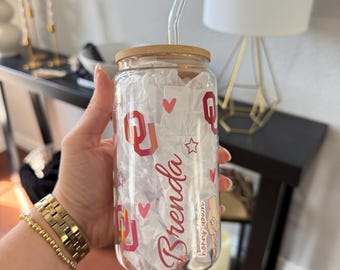 Personalized OU Iced Coffee Cup, 16oz Glass Cup with Lid & Straw