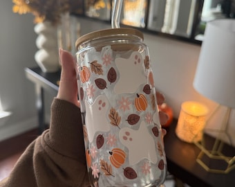 Fall Ghost Iced Coffee Cup, Spooky Cute Glass Cup with Bamboo Lid & Glass Straw, Halloween Drinkware 16oz