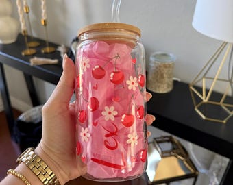 Personalized Cherries & Daises Iced Coffee Cup, 16oz Glass Cup with Lid and Straw