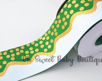 3" Emerald Gold Holographic Wavy Dot  *Cheer Bow Ribbon*