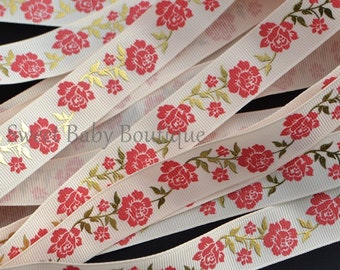 7/8" Vintage Roses Ivory Red Gold Foil Leaf Accents Printed Grosgrain Ribbon USDR