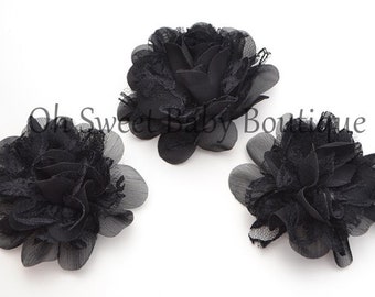 Black Chiffon Lace Fabric Flowers QTY 3