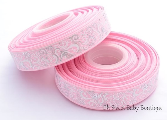 7/8" Pearl Pink Fancy Swirls With Foil Accents Printed Grosgrain Ribbon USDR
