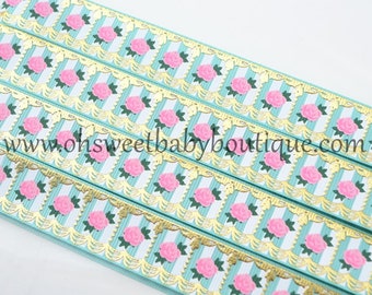 7/8" My Vintage Carousel Ribbon Aqua Base Printed Grosgrain Ribbon USDR
