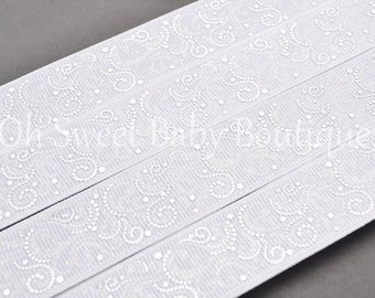 7/8" Fancy Swirls With Foil Accents Ribbon White / Glitter White Printed Grosgrain Ribbon USDR