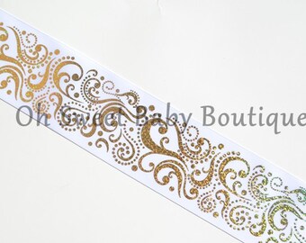 3" White Gold Holographic Fancy Swirl Ribbon *Cheer Bow Ribbon*