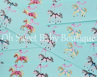 7/8" My Vintage Carousel Aqua Base Printed Grosgrain Ribbon USDR