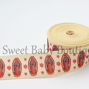 7/8&quot; Ivory Virgin of Guadalupe Grosgrain Ribbon Hispanic Relgious Mother