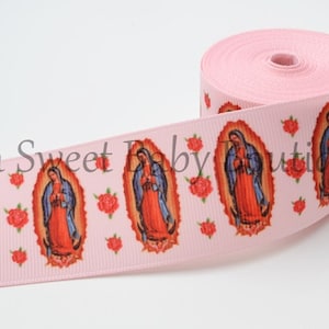 1.5&quot;Light Pink Virgin of Guadalupe Grosgrain Ribbon Hispanic Relgious Mother