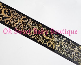 3" Black Gold Holographic Fancy Swirl Ribbon *Cheer Bow Ribbon*