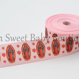 7/8&quot; Light Pink Virgin of Guadalupe Grosgrain Ribbon Hispanic Relgious Mother