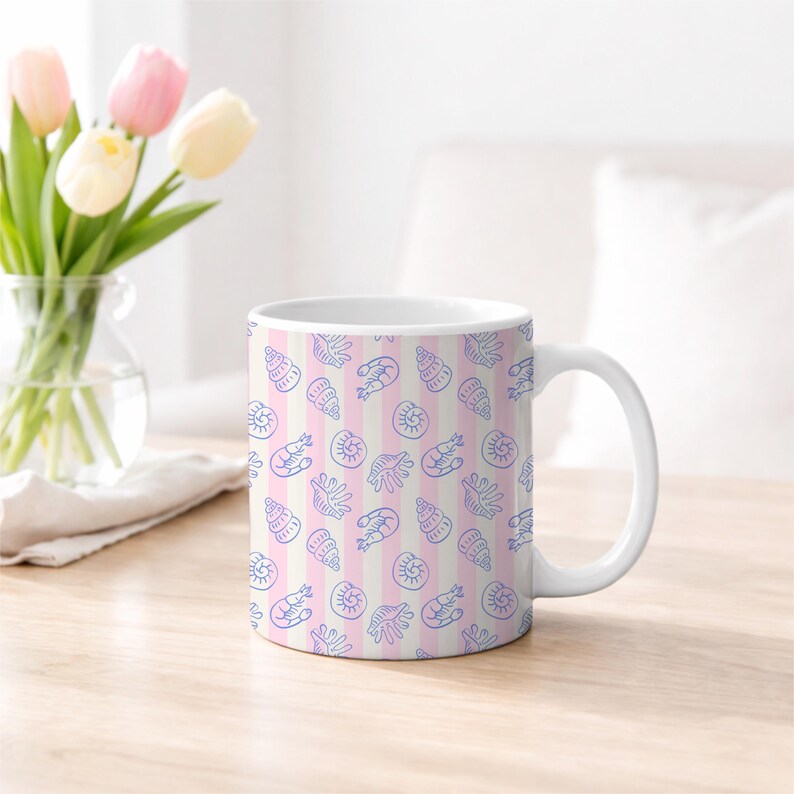 Coquette Coastal Seamless Pattern Pastel Pink Striped Seashell Digital ...