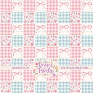 bows patchwork gingham svg coquette patchwork curtains hand-drawn seamless pattern PNG sublimation digital paper fabric commercial use
