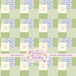 Può includere: Un motivo ripetuto con un design patchwork. Presenta facce di coniglietti, quadrati floreali blu e linee verdi a quadretti e ondulate. Il testo "Designs of Birdie" è visibile, insieme a "Hand Drawn Art" e dettagli sulla risoluzione dell'immagine.