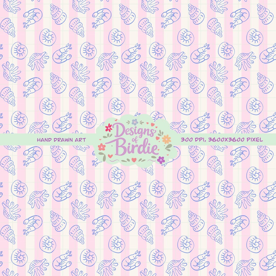 Coquette Coastal Seamless Pattern Pastel Pink Striped Seashell Digital ...