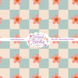Può includere: Un motivo ripetuto con fiori rosa con centri arancioni su uno sfondo a scacchi azzurro e beige. Il design include il testo "Designs of Birdie" e "Hand Drawn Art". L'immagine è di 3600x3600 pixel.