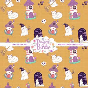 Può includere: Un motivo ripetuto con illustrazioni stravaganti su sfondo dorato. Il design include gatti bianchi, case di streghe, fantasmi, funghi, cappelli da strega, scope, teschi e il testo "Designs of Birdie" e "Hand Drawn Art".