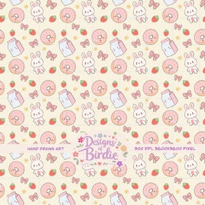 Può includere: Un motivo ripetuto di coniglietti dei cartoni animati, ciambelle, fragole, cartoni di latte e fiocchi su sfondo giallo chiaro. Le parole "Designs of Birdie" sono al centro, con "Hand Drawn Art" e "300 DPI, 3600x3600 PIXEL" sotto.