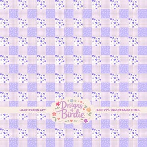 Può includere: Un motivo digitale ripetuto di quadrati lavanda e bianchi con accenti floreali e a pois. Il testo "Designs of Birdie" è visualizzato in un logo floreale. L'immagine è etichettata come "Hand Drawn Art" e "300 DPI, 3600x3600 Pixel".