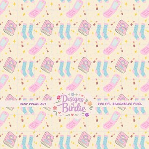 May include: A repeating pattern featuring pink flip phones, floral-decorated journals, blue socks with white polka dots, and lipstick tubes on a cream background. Gold star accents are scattered throughout the design. The text "Designs of Birdie" is also present.