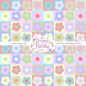 Può includere: Un motivo ripetuto di fiori colorati in una griglia. Ogni fiore è di un colore pastello diverso, tra cui rosa, blu, giallo e verde. Lo sfondo è un motivo a scacchi di colori pastello. Il testo "Designs of Birdie" è al centro.