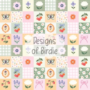 Può includere: Un motivo ripetuto con quadrati con vari disegni. Questi includono fiori, farfalle, ciliegie, fragole e fiocchi. La tavolozza dei colori è composta da rosa pastello, verdi e gialli. Il testo "Designs of Birdie" è al centro.